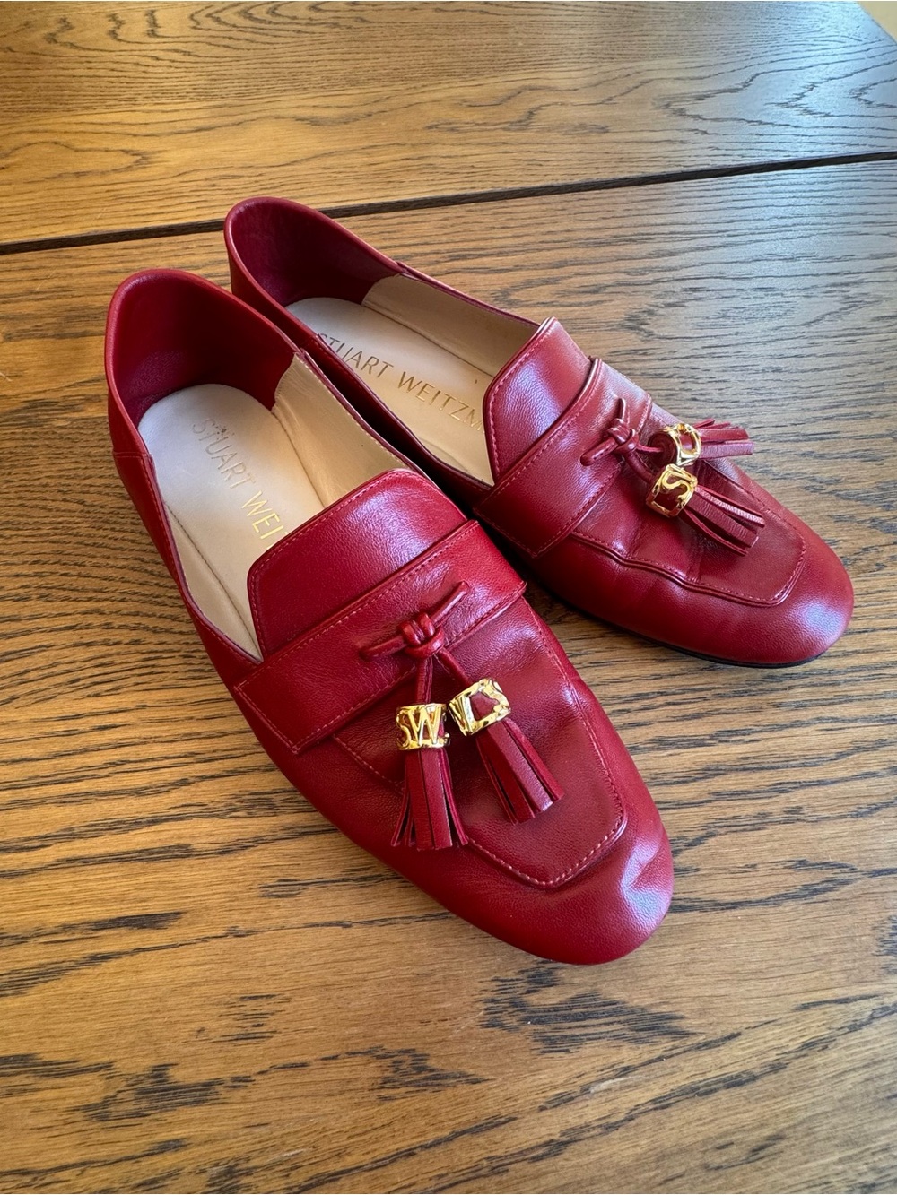 Stuart Weitzman The Wylie Signature Flat Crimson Red Leather Tassel Loafers 37